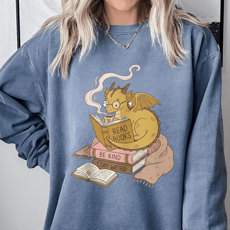 Cute Dragon Be Kind Stay Weird Read Books Comfort Colors Sweatshirt