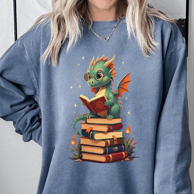 Cute Dragon Reading Book Bookworm Dragons And Books Comfort Colors Sweatshirt