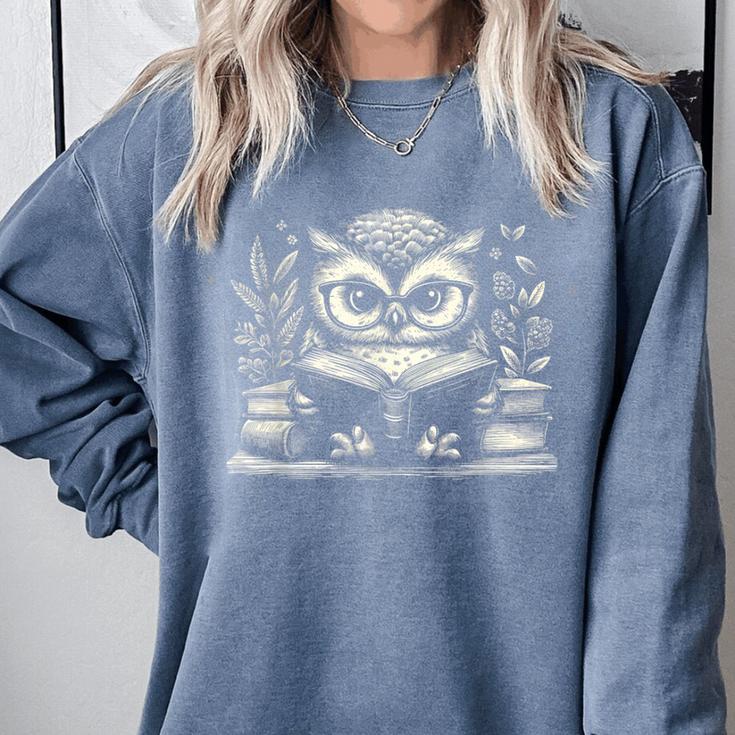 Cute Owl Reading Book Graphic Art Comfort Colors Sweatshirt