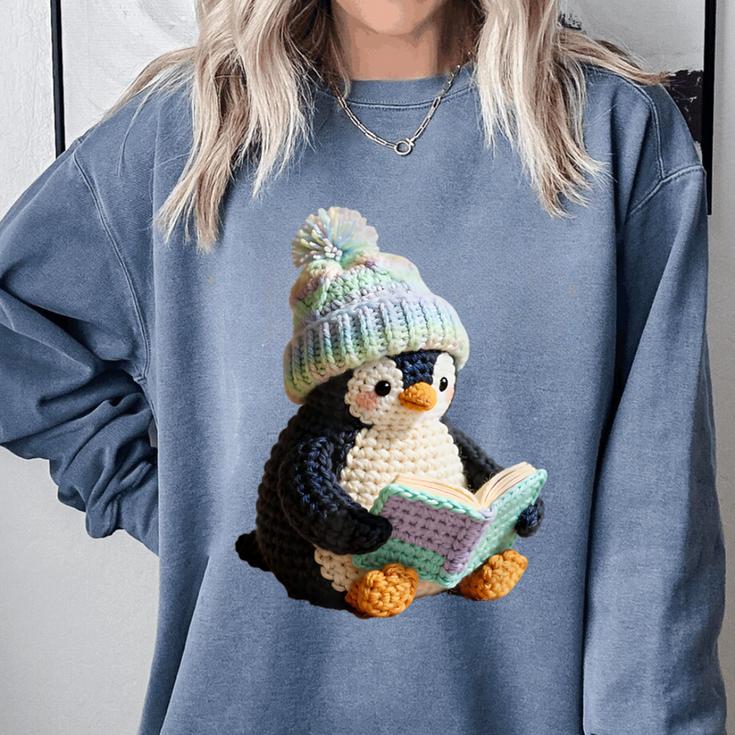 Cute Penguin Reading Book Faux-Crochet Print Comfort Colors Sweatshirt