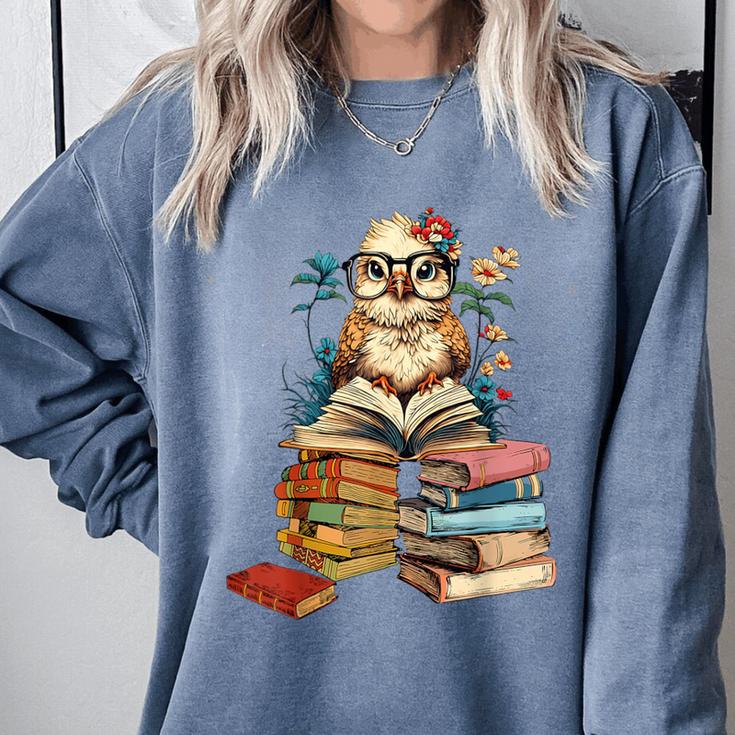 Cute Reading Chicken With Glasses Books Bookworm Reader Book Comfort Colors Sweatshirt