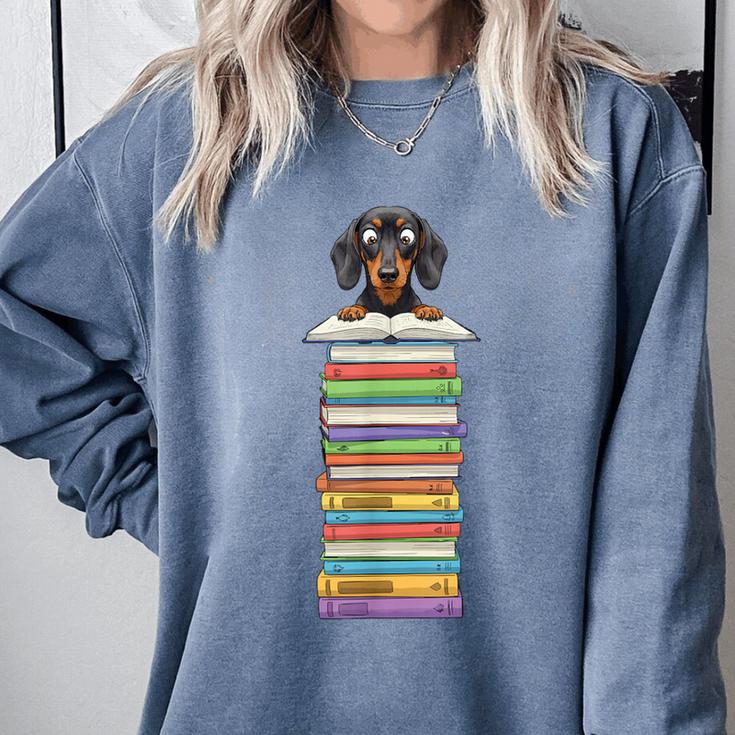 Cute Wiener Dog Dachshund Reading On Pile Of Books Comfort Colors Sweatshirt Cute Wiener Dog Dachshund Reading On Pile Of Books Comfort Colors Sweatshirt
