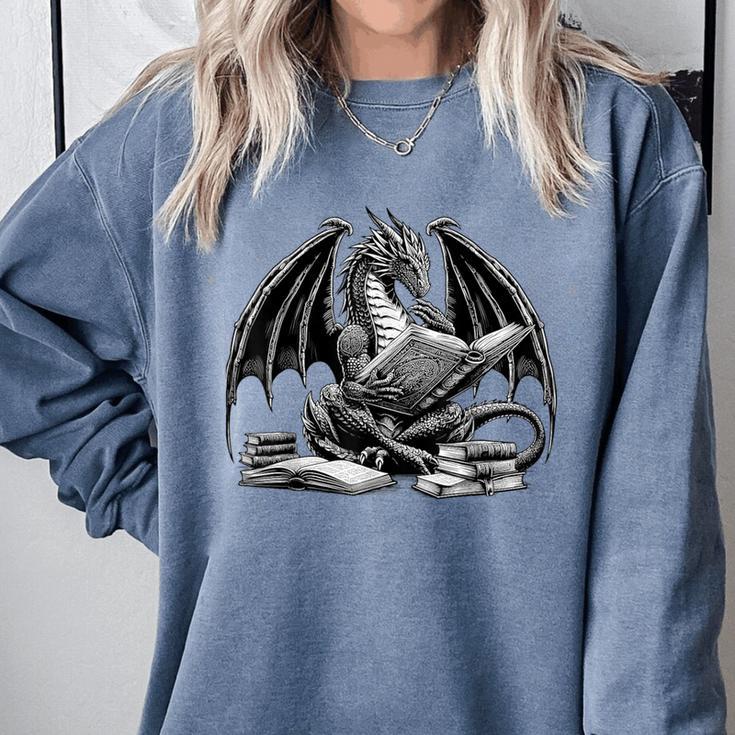 Dragon Reading Book Bookworm Books Dragon Learning Comfort Colors Sweatshirt