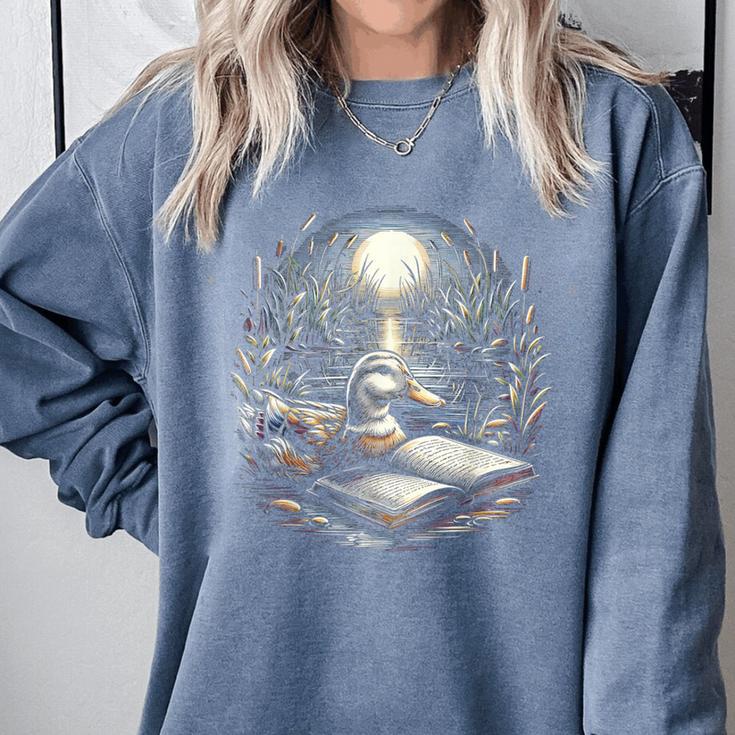 Duck Reading Book Full Moon Lake Scenery Comfort Colors Sweatshirt