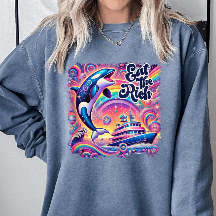 EAT THE RICH 90S NOSTALGIA WHALE ORCA YAHCT RETRO Comfort Colors Sweatshirt EAT THE RICH 90S NOSTALGIA WHALE ORCA YAHCT RETRO Comfort Colors Sweatshirt
