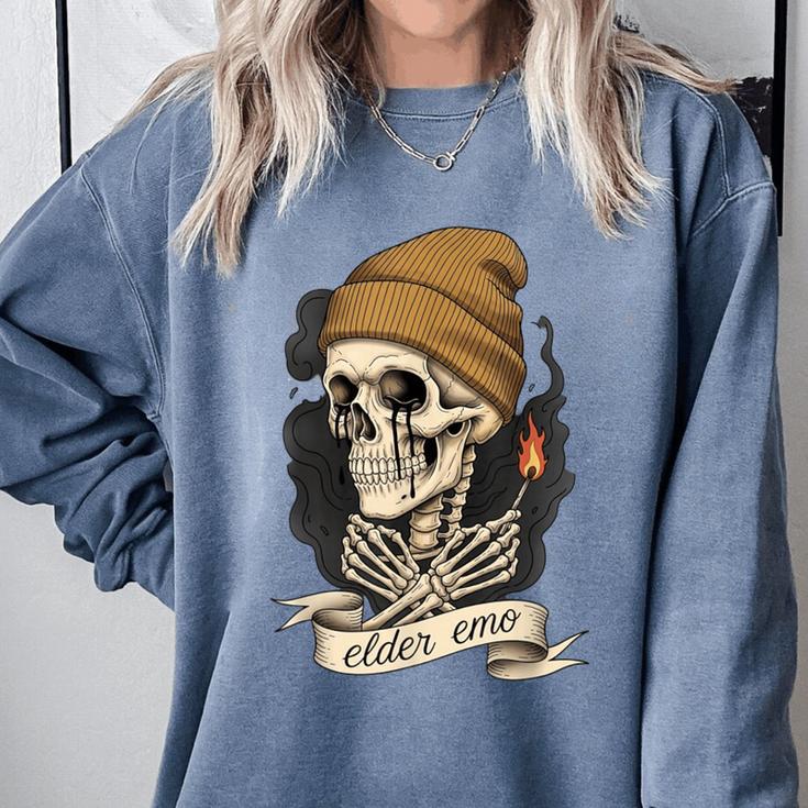 Elder Emo Skeleton Beanie Nostalgia Scene Aesthetic Comfort Colors Sweatshirt Elder Emo Skeleton Beanie Nostalgia Scene Aesthetic Comfort Colors Sweatshirt