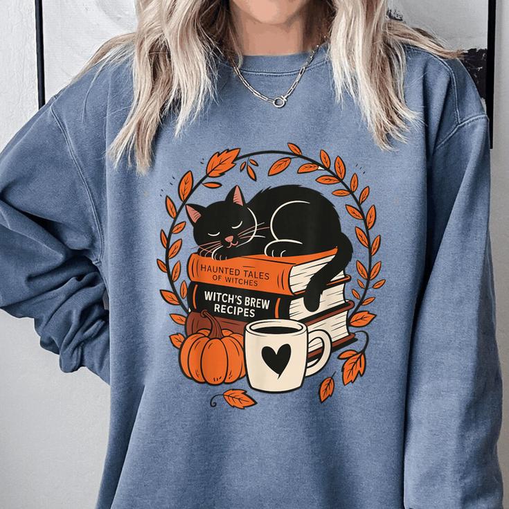 Fall Book Teacher Cat Books Halloween Autumn Librarian Comfort Colors Sweatshirt