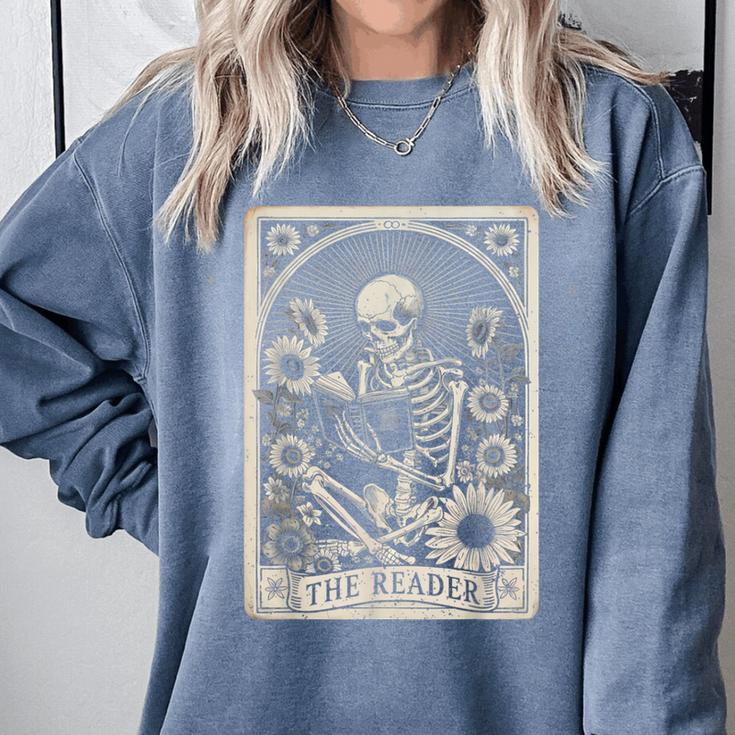 Floral The Reader Tarot Card Skeleton Reading Book Comfort Colors Sweatshirt