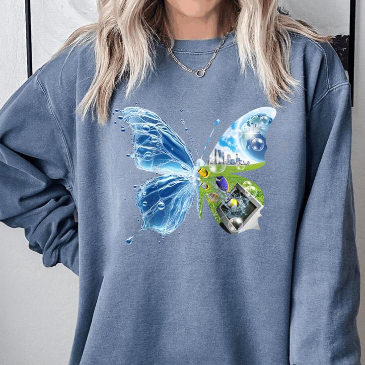 Frutiger Aero Aesthetic Butterfly Computer Fishes Scenery Raglan Baseball Tee Comfort Colors Sweatshirt