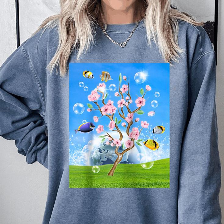 Frutiger Aero Aesthetic Tech Cherry Blossom Fishes Bubbles Raglan Baseball Tee Comfort Colors Sweatshirt