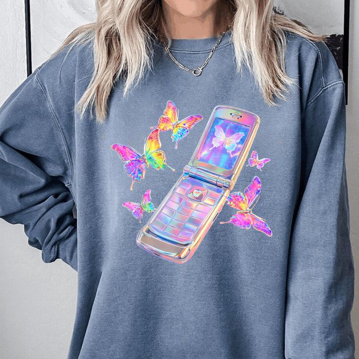 Frutiger Aero Y2K Chrome Phone Butterfly Comfort Colors Sweatshirt Frutiger Aero Y2K Chrome Phone Butterfly Comfort Colors Sweatshirt