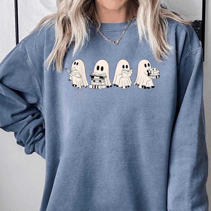 Ghost Book Reading Halloween Books Lover Teacher Kids Comfort Colors Sweatshirt