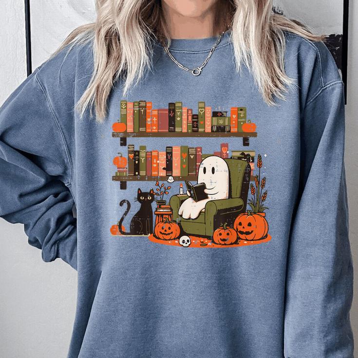 Ghost Library Reading Books Halloween Men Women Kids Comfort Colors Sweatshirt