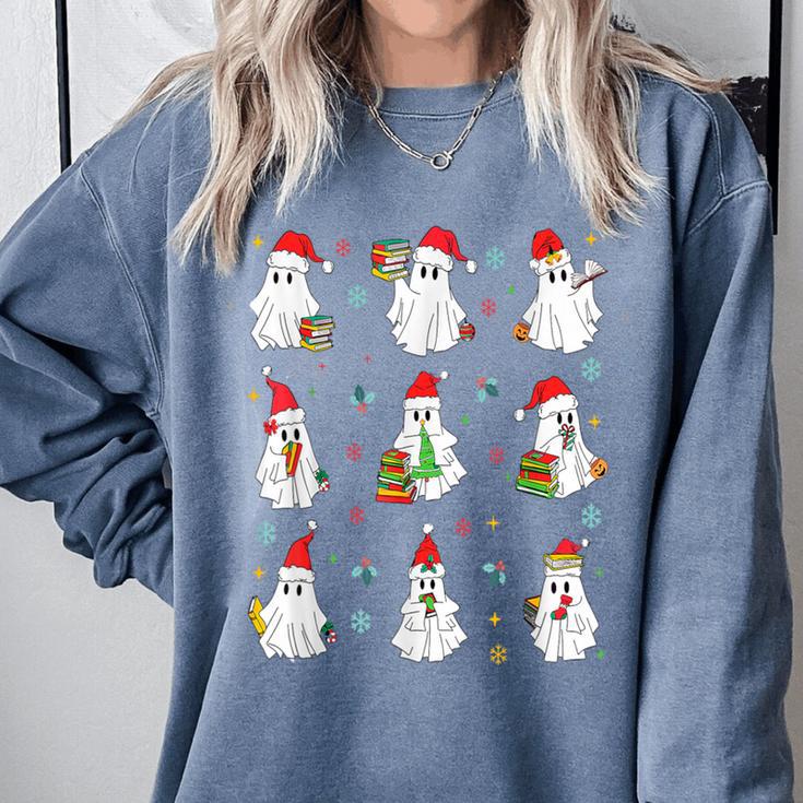 Ghosts Wearing Santa Hats Reading Books Christmas Book Lover Comfort Colors Sweatshirt