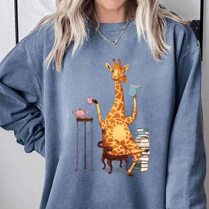 Giraffe Reading Tea Books Coffee Book Lover Graphic Comfort Colors Sweatshirt