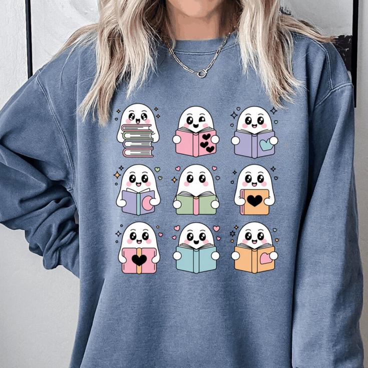 Halloween Ghosts Reading Books Pattern Spooky Kawaii Anime Comfort Colors Sweatshirt