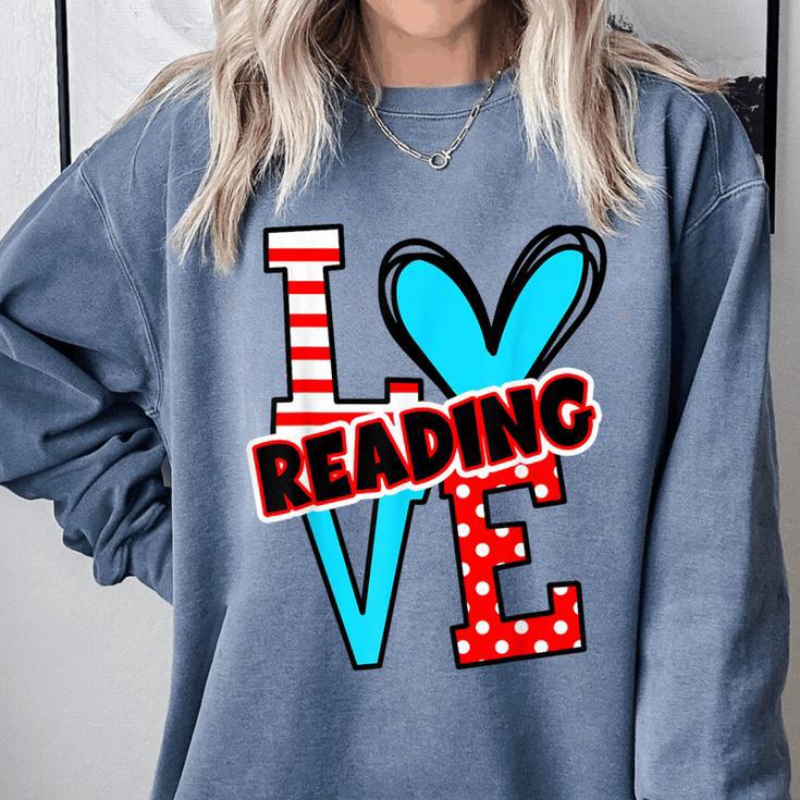 I Heart Books Love Reading Red And Stripe Animated Cat For Men Women Girls Kids Comfort Colors Sweatshirt