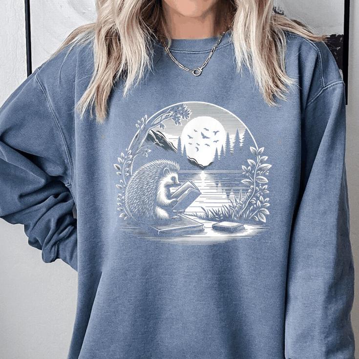Hedgehog Reading Book Full Moon Lake Scenery Comfort Colors Sweatshirt