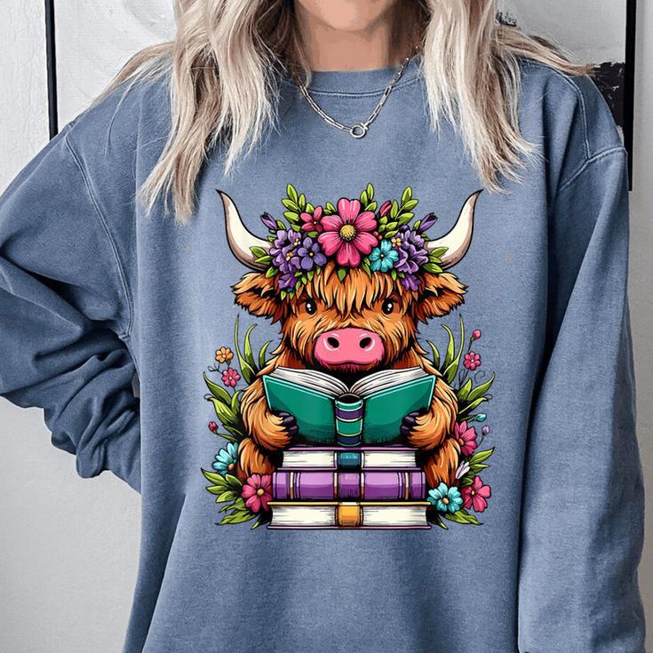 Highland Cow Book Floral Bookworm Comfort Colors Sweatshirt