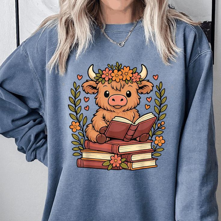 Highland Cow Reading Book Graphic Cow With Book Floral Comfort Colors Sweatshirt