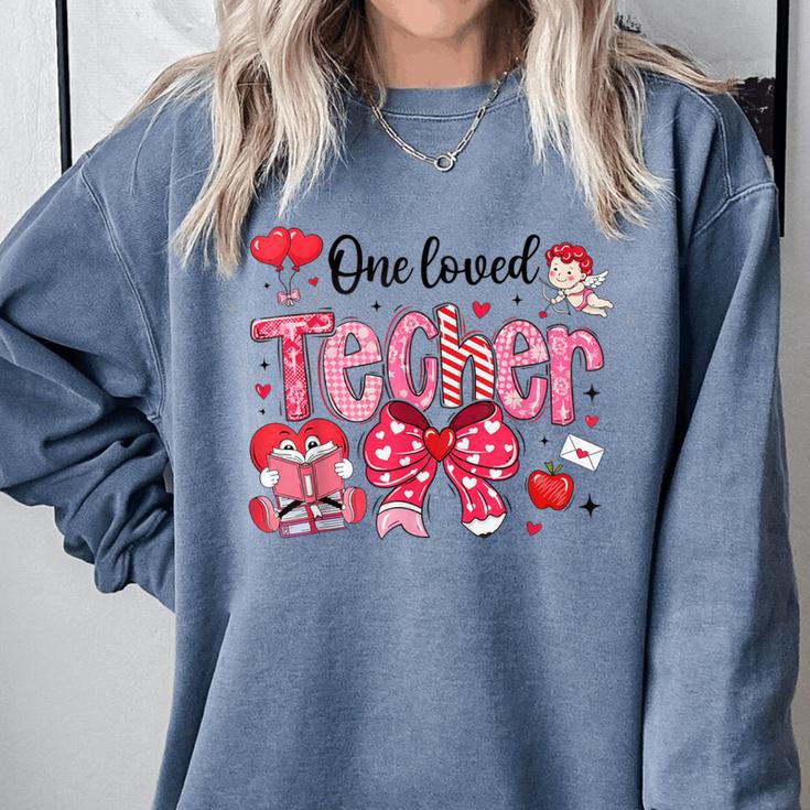 HUGvyn One Loved Teacher Valentine Book Heart Reading Bow Comfort Colors Sweatshirt
