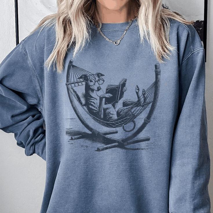 Italian Greyhound Whippet Dog Reading Book Hammock Iggy Mom Comfort Colors Sweatshirt