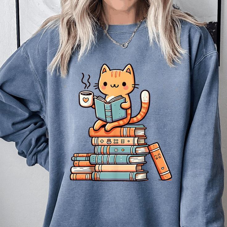 Kawaii Cat Coffee Books Teacher Men Women Girls Kids Comfort Colors Sweatshirt Kawaii Cat Coffee Books Teacher Men Women Girls Kids Comfort Colors Sweatshirt