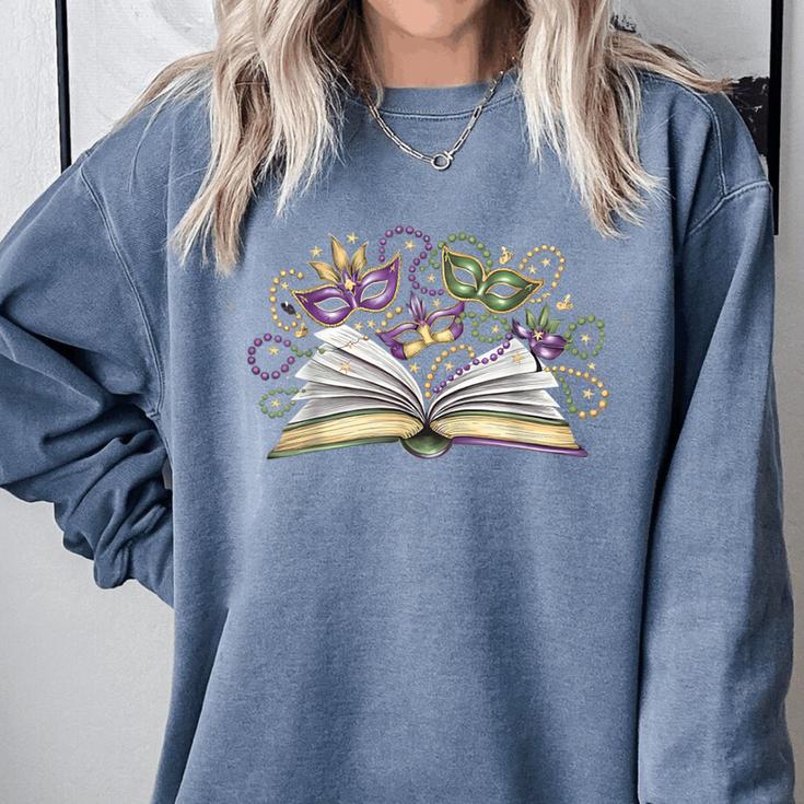 Mardi Gras Book Librarian Author Purple Beads Comfort Colors Sweatshirt