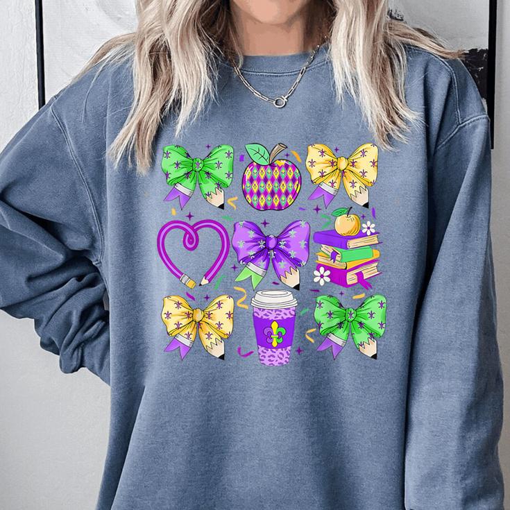 Mardi Gras Teacher Coquette Bow Pencil Apple Book Women Girl Comfort Colors Sweatshirt Mardi Gras Teacher Coquette Bow Pencil Apple Book Women Girl Comfort Colors Sweatshirt