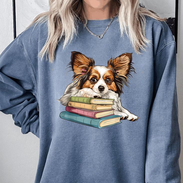 Papillon Books Reading Dog Breed Graphic For Men Women Kids Comfort Colors Sweatshirt