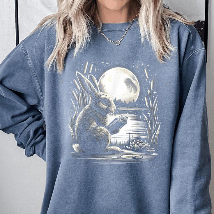 Rabbit Reading Book Full Moon Lake Scenery Comfort Colors Sweatshirt