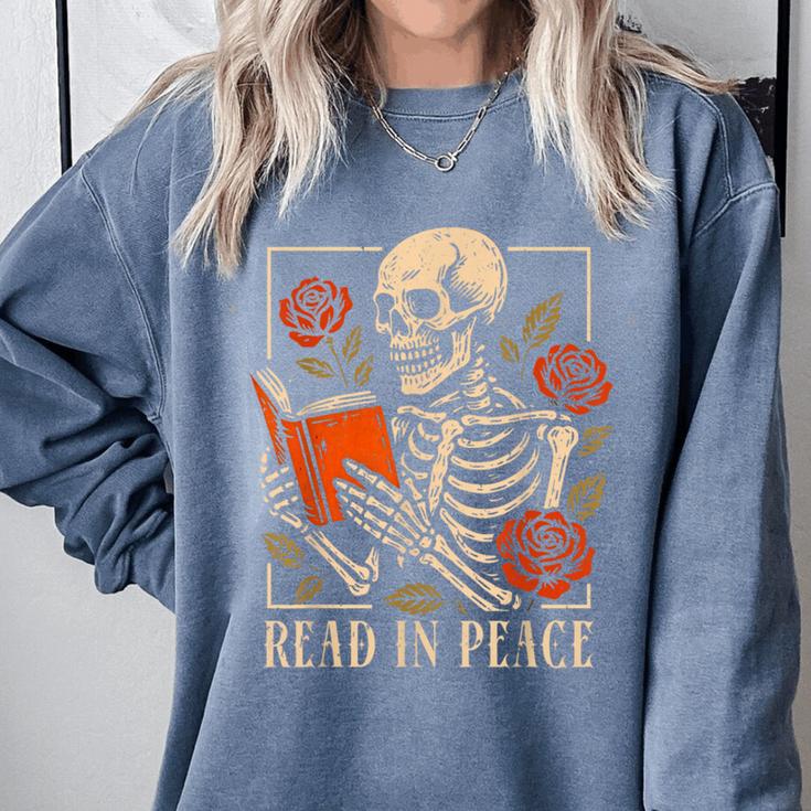 Read In Peace Skeleton Reading Book Halloween Teacher Comfort Colors Sweatshirt