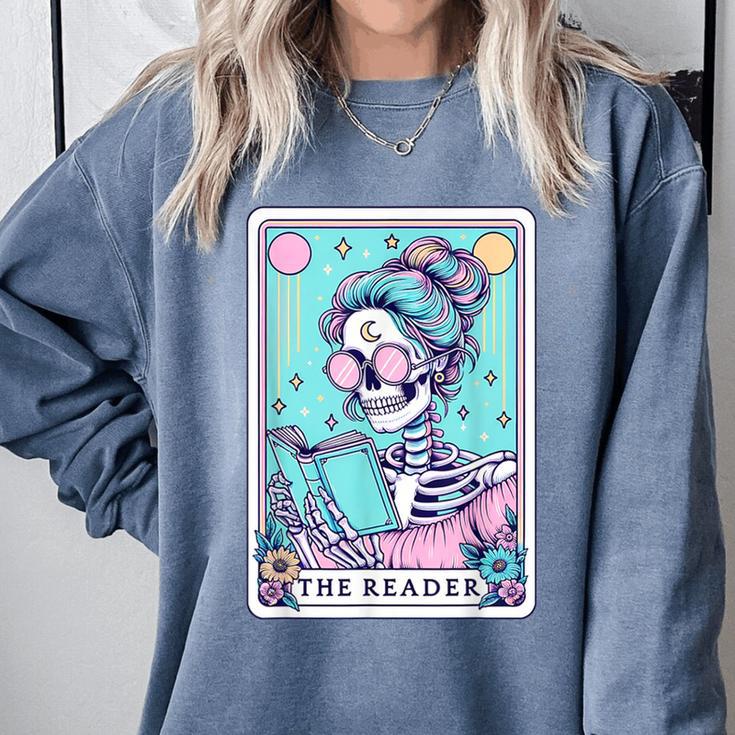 The Reader Retro Reading Skeleton Books Flowers Tarot Card Comfort Colors Sweatshirt