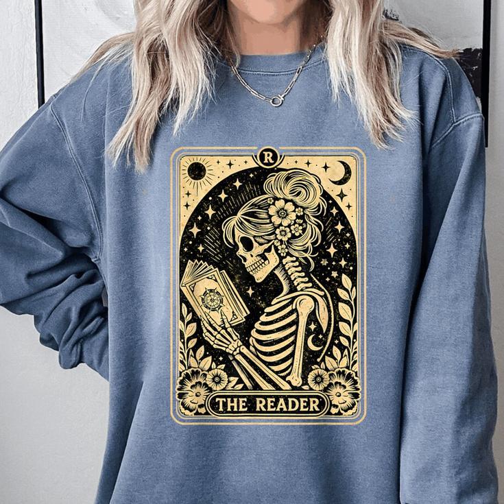 The Reader Tarot Card Book Lover Skeleton Reading Book Comfort Colors Sweatshirt The Reader Tarot Card Book Lover Skeleton Reading Book Comfort Colors Sweatshirt