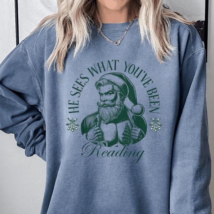 He Sees What You'Ve Been Reading Bookish Christmas Comfort Colors Sweatshirt He Sees What You'Ve Been Reading Bookish Christmas Comfort Colors Sweatshirt