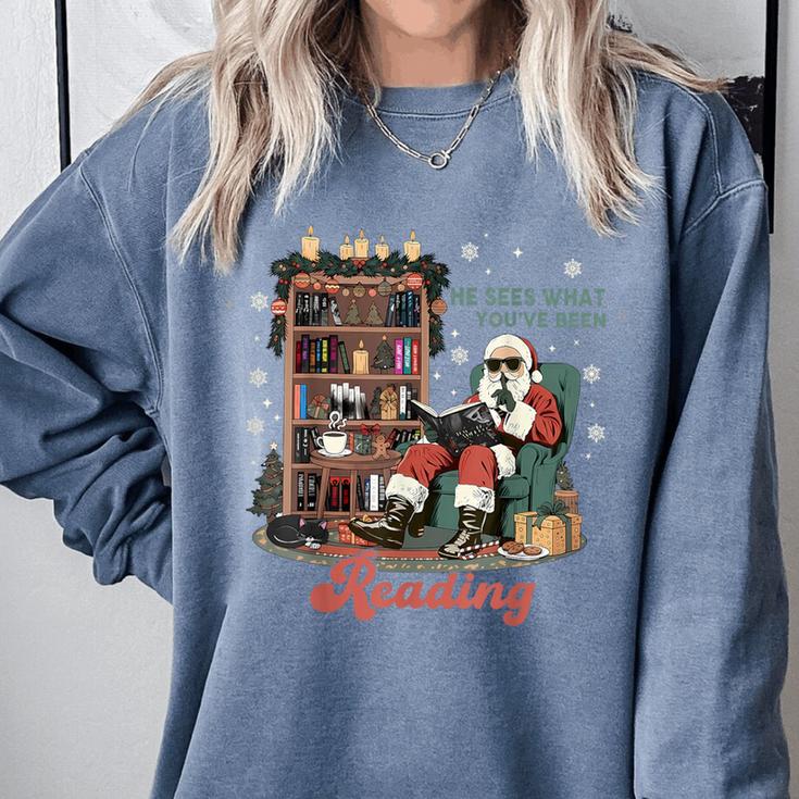He Sees What You'Ve Been Reading Santa Christmas Bookish Comfort Colors Sweatshirt