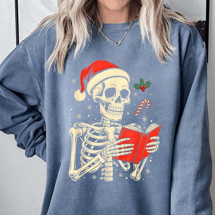 Skeleton Reading Book Christmas Teacher Librarian Book Lover Comfort Colors Sweatshirt