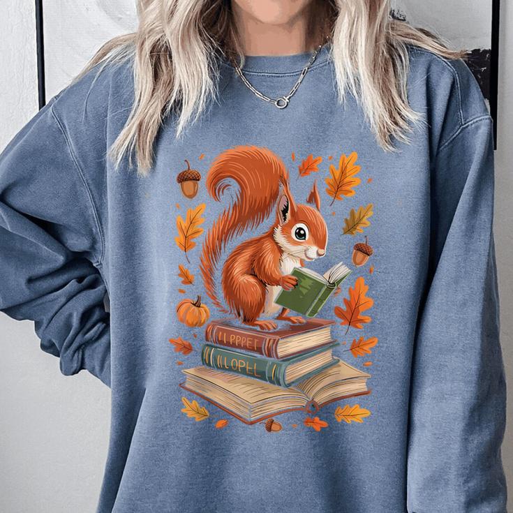 Squirrel Reading Book Lovers Fall Leaves Library Books Comfort Colors Sweatshirt