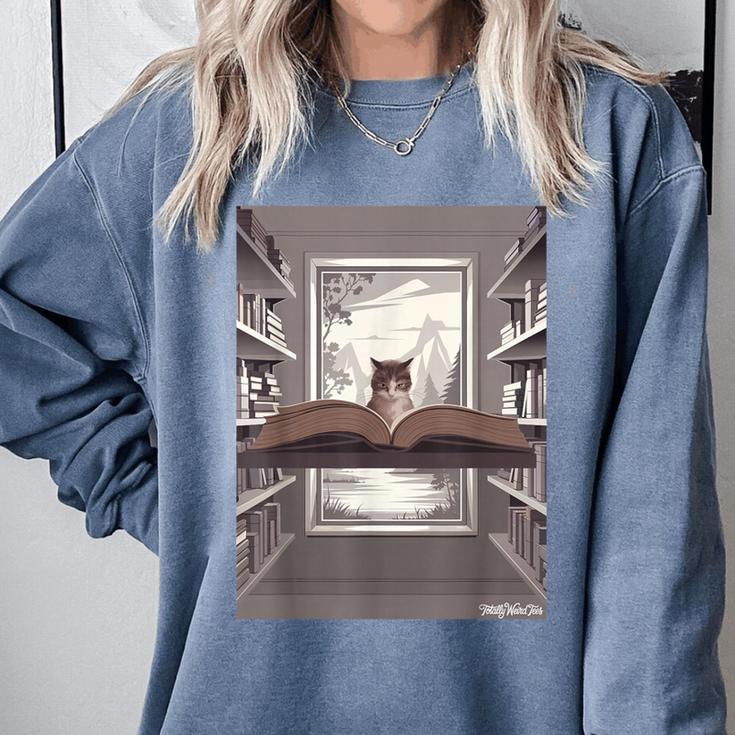 Totally Weird Tees Cat Library Book Reading Literary Comfort Colors Sweatshirt