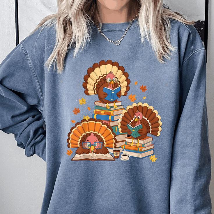 Turkey Read Books Reading Fall Thanksgiving Teacher Comfort Colors Sweatshirt