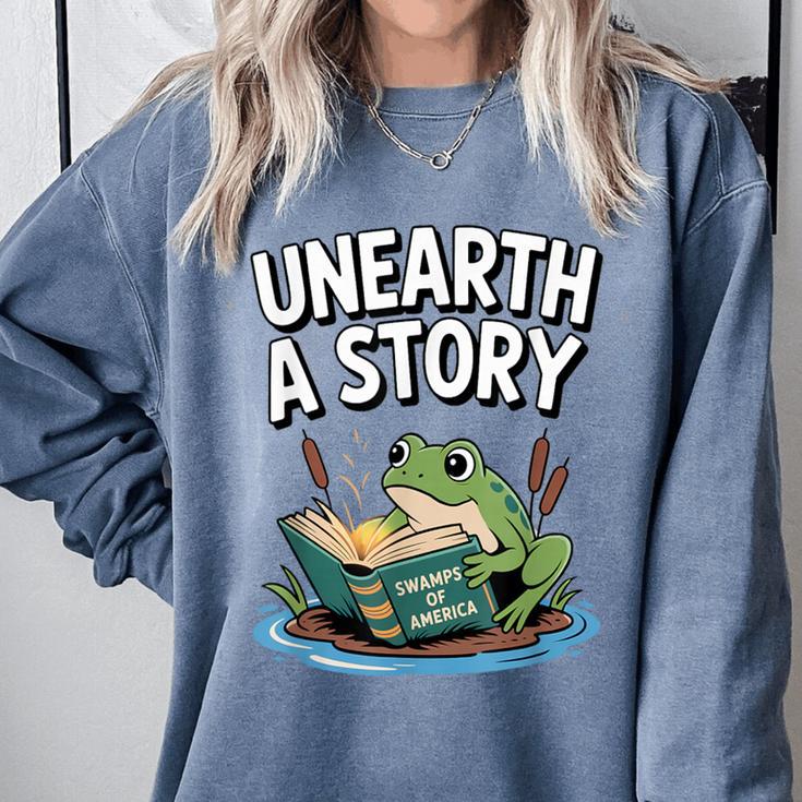 Unearth a Story Frog Reading a Book Summer 2026 Comfort Colors Sweatshirt