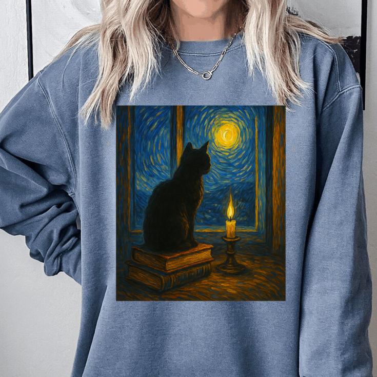 Van Gogh Starry Night Art Cat And Book Lovers Premium Tri-Blend Comfort Colors Sweatshirt