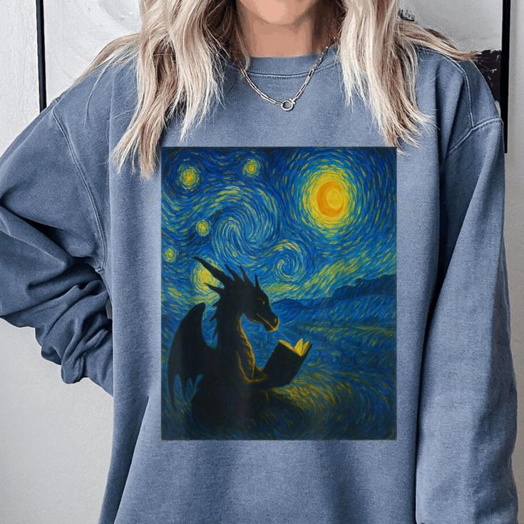 Van Gogh Starry Night Fantasy Reader Dragon Reading Book Comfort Colors Sweatshirt Van Gogh Starry Night Fantasy Reader Dragon Reading Book Comfort Colors Sweatshirt