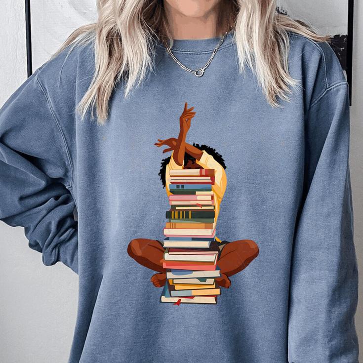 Woman And Books Stack Afro Girl Book Lover Comfort Colors Sweatshirt