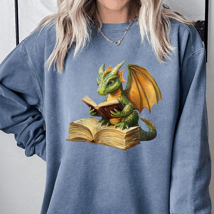 Women's Dragon Bookworm Reading Book Graphic Comfort Colors Sweatshirt