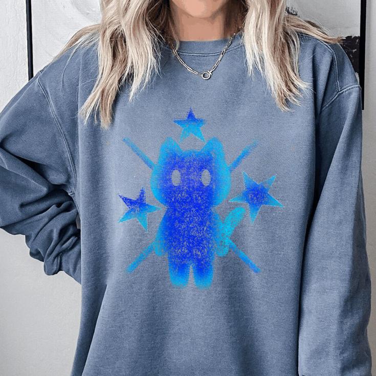 Yk2 Grunge Earthy Blue Cat With Stars Tomboy 90s Nostalgia Premium Tri-Blend Comfort Colors Sweatshirt