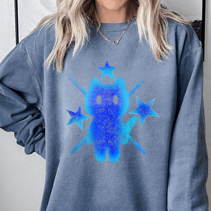 Yk2 Grunge Earthy Blue Cat With Stars Tomboy 90s Nostalgia Comfort Colors Sweatshirt