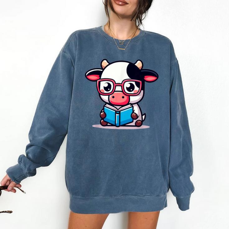 Adorable Book Lover Cow With Reading Glasses Cute Comfort Colors Sweatshirt