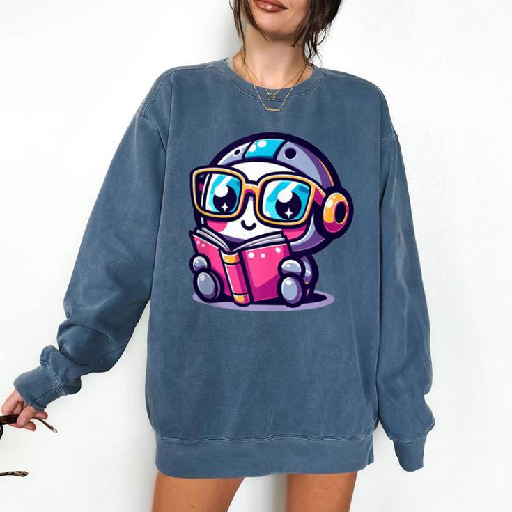 Adorable Book Lover Robot With Reading Glasses Cute Comfort Colors Sweatshirt
