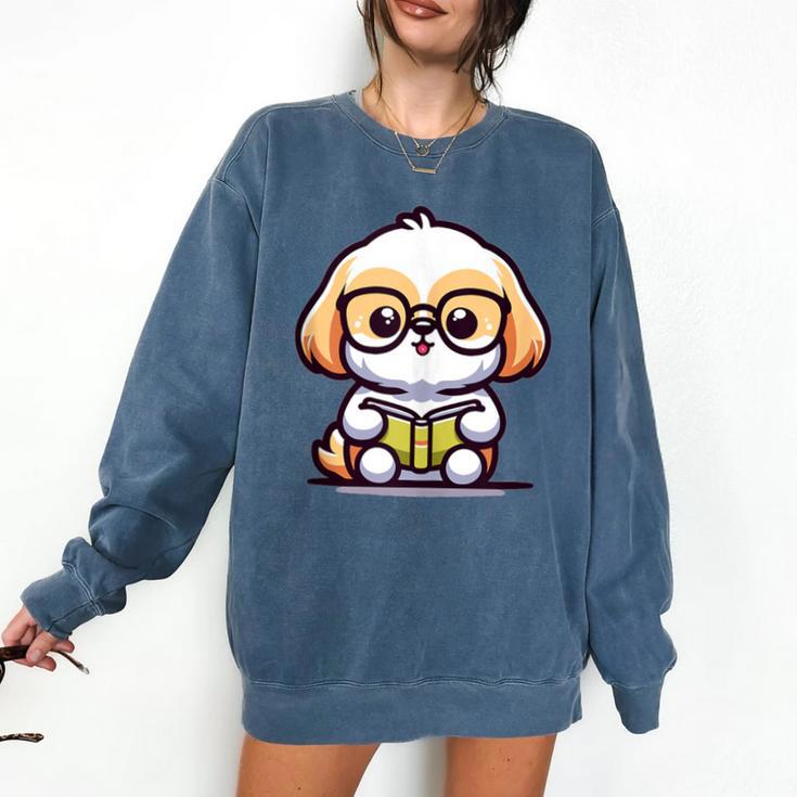 Adorable Book Lover Shih Tzu With Reading Glasses Cute Comfort Colors Sweatshirt